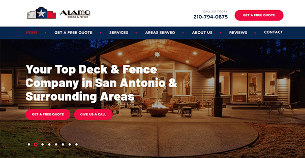 Homepage of Alamo Decks & Fence featuring a deck and patio with text "Your Top Deck & Fence Company in San Antonio & Surrounding Areas" and options to get a free quote or call the company.