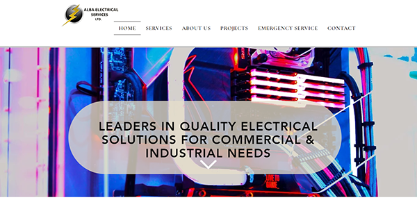 Website homepage of Alba Electrical Services Ltd, showing a colorful image of electrical components and the text "Leaders in Quality Electrical Solutions for Commercial & Industrial Needs.