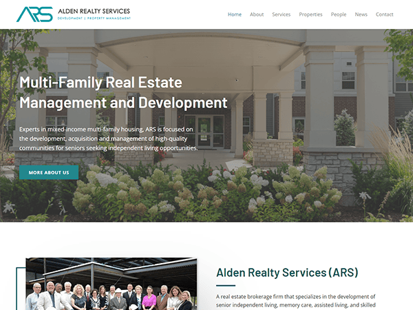 Screenshot of Alden Realty Services homepage featuring a banner image of a building entrance, the company logo, and text outlining services in multi-family real estate management and development.