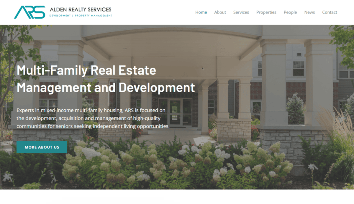 Alden Realty Services homepage featuring various services, property listings, and contact information. Banner shows a company group photo at a groundbreaking ceremony. Sections include services, properties, and contact.