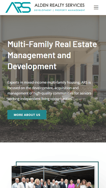 Screenshot of Alden Realty Services website showcasing multi-family real estate development, property management services, contact information, and an about us section.