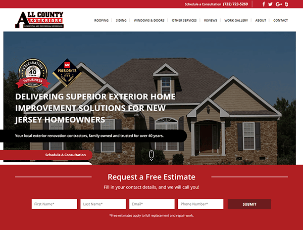 Website screenshot for All County Exteriors, showcasing exterior home improvement services. Includes a photo of a house, company logo, contact information, service options, and a form to request a free estimate.