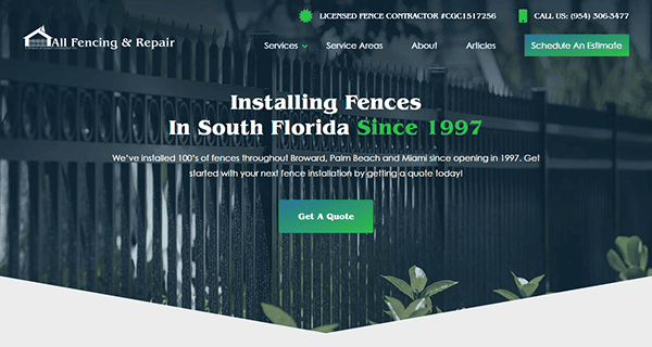 Website homepage for All Fencing & Repair, highlighting their fence installation services in South Florida since 1997 with a call to action to find out more.