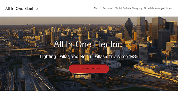 A website homepage for "All In One Electric" with a cityscape background, navigation menu at top, and a red button with a phone number. The tagline reads, "Lighting Dallas and North Dallas cities since 1986.