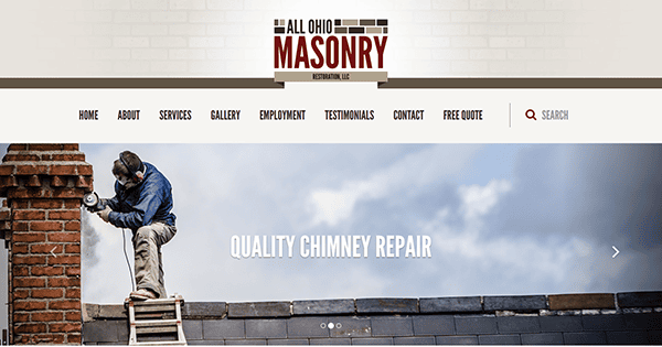 Screenshot of one of the best chimney websites, showcasing a masonry homepage where a skilled worker repairs a chimney. The navigation menu smoothly guides you through services, contact info, and more for all your chimney sweep needs.