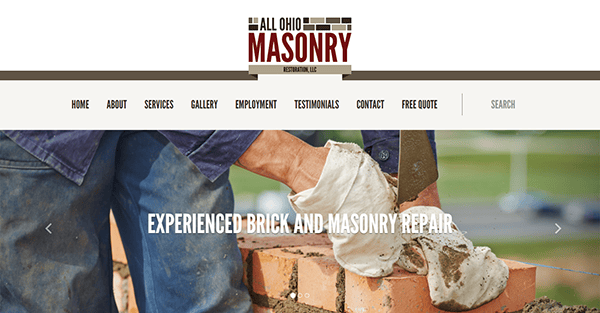 A person in work clothes applies mortar to bricks on a building structure. The header reads "All Ohio Masonry," and the navigation menu includes various links like Home, About, Services, and more.