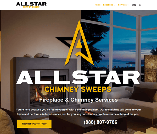 Website homepage of Allstar Chimney Sweeps, showcasing their fireplace and chimney services with a call to action button reading "Request a Quote Today" and a contact phone number, (888) 807-9786.