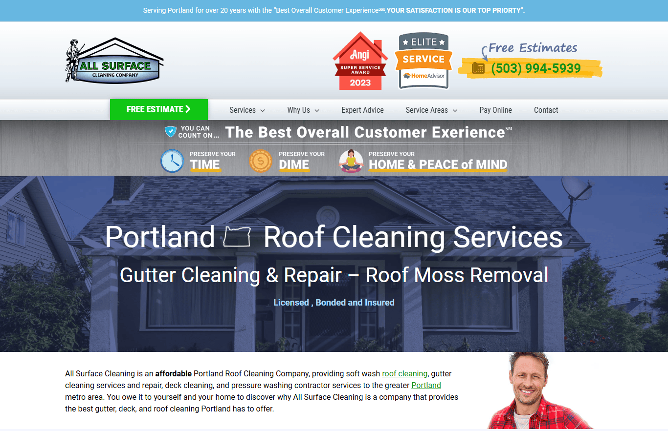 Screenshot of a website for All Surface Cleaning Company. It showcases roof and gutter cleaning services in Portland, featuring contact information, testimonials, and an image of a person at the bottom. It's one of the best websites for home maintenance solutions.