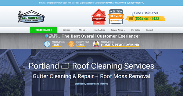 Screenshot of a roof cleaning service website featuring offers for gutter cleaning, roof moss removal, and free estimates. It emphasizes trust, quality customer experiences, and contact information.