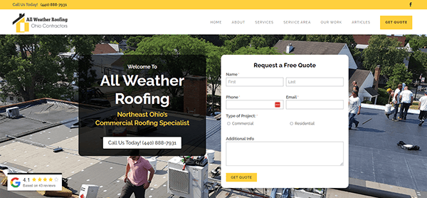 Screenshot of a roofing company's website homepage. It includes a navigation bar, a headline welcoming visitors to "All Weather Roofing", contact information, and a form for requesting a free quote.