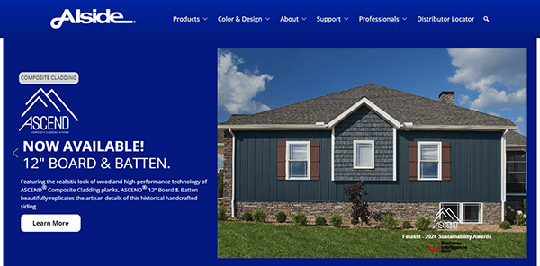 Promotional website screenshot from Alside showcasing ASCEND composite cladding with a photo of a blue house. Text highlights availability of 12" board & batten and mentions 2021 sustainability award.