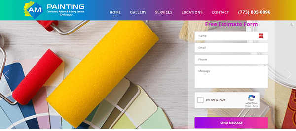 Image of a painting service website with rollers, paint samples, and a form for free estimates on the right side. The navigation bar includes Home, Gallery, Services, Locations, and Contact links.