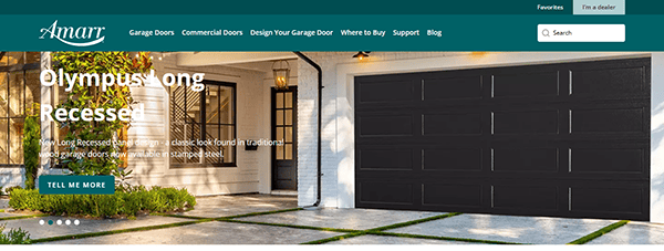 The homepage highlights a sleek, modern garage door while showcasing Olympus Long Recessed doors. Explore one of the best garage door websites with an intuitive navigation bar and search option at the top.