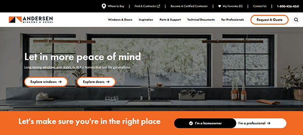 Andersen Windows homepage showcases a modern kitchen with expansive windows. Options include "Explore windows," "Explore doors," and "Request A Quote." Discover more about our window repair websites for seamless maintenance solutions.