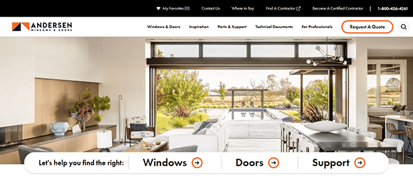 A modern living room with glass doors opening to a patio and greenery outside. The Andersen Windows & Doors website interface is displayed with navigation options and a "Request A Quote" button highlighted.