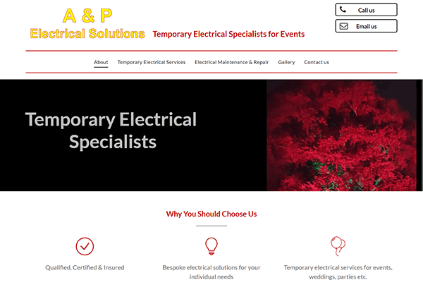 Website homepage for A & P Electrical Solutions, specializing in temporary electrical services for events. Banner displays company contact options and sections for services, gallery, and testimonials.