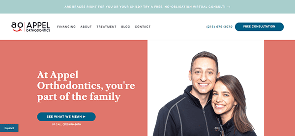 Screenshot of the Appel Orthodontics homepage showing a smiling man and woman. The text reads, "At Appel Orthodontics, you're part of the family" with options to "See What We Mean" or call for a consultation.