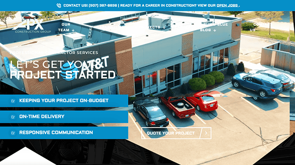 A construction company's website shows an aerial view of its office building, emphasizing services such as on-budget projects, timely delivery, and responsive communication.