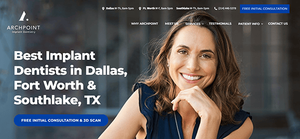 Smiling woman resting her chin on her hand. Text on the image reads, "Best Implant Dentists in Dallas, Fort Worth & Southlake, TX." The banner includes contact options and a link for a free initial consultation.