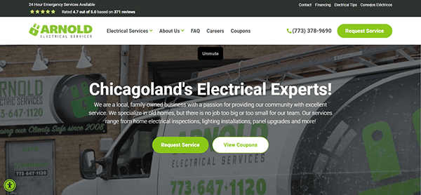 Screenshot of Arnold Electrical Services website homepage, featuring service details, contact info, and options to request service or view coupons. The slogan reads "Chicagoland's Electrical Experts!.