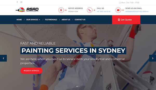 A webpage of ASAD Painting and Decorating featuring a banner promoting "Fast and Reliable Painting Services in Sydney" with tools and a painter in the background, alongside service buttons and contact info.