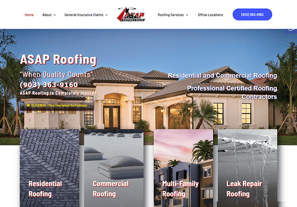 Screenshot of ASAP Roofing's website, displaying a large home, contact information, and service options including residential, commercial, multi-family roofing, and leak repair.