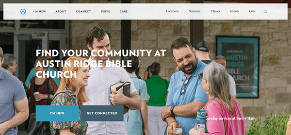 Group of people socializing outside a church building with a sign that reads "Find Your Community at Austin Ridge Bible Church." Two buttons below: "I'm New" and "Get Connected.