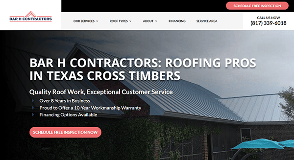 Screenshot of Bar H Contractors’ website offering roofing services in Texas Cross Timbers. Highlights include over 8 years in business, a 10-year workmanship warranty, and financing options. Contact info provided.