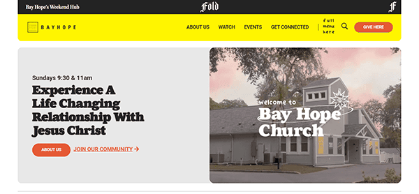 Website homepage with a banner. Left side promotes service times and community join link. Right side shows a photo of a church building with a "Welcome to Bay Hope Church" message.