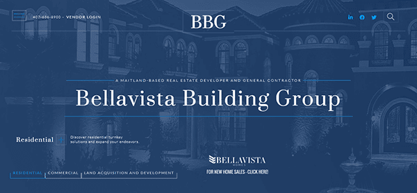 Homepage of Bellavista Building Group, featuring a navigation bar, contact information, and links to residential, commercial, and land acquisition sections.