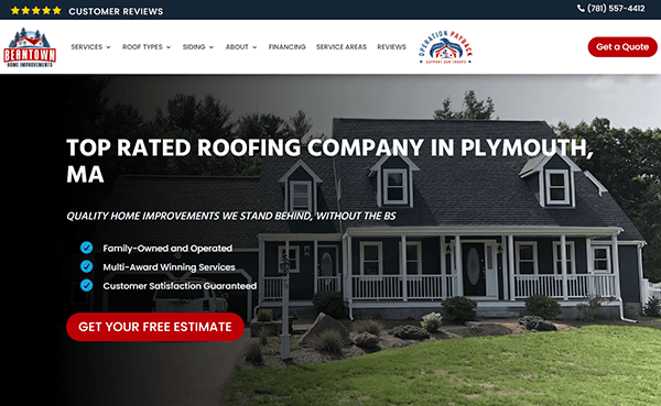 Screenshot of a website for a top-rated roofing company in Plymouth, MA, offering services with a family-owned and operated business, multi-award-winning services, and a customer satisfaction guarantee.