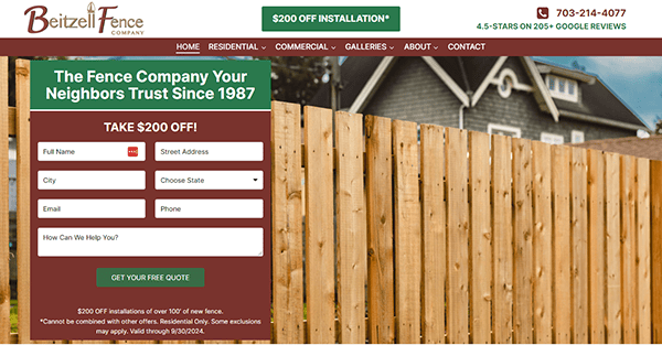 Screenshot of Beitzell Fence Company's website offering a $200 discount on installation. The page features a form to request a free quote and a photo of a wooden fence in front of houses.