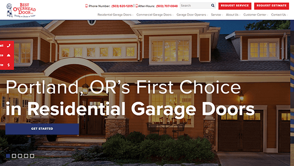 Discover the "Best Overhead Door" on our website homepage, showcasing a stunning large house with beautifully illuminated garage doors. Explore top-tier services and garage door design offerings in Portland, OR.