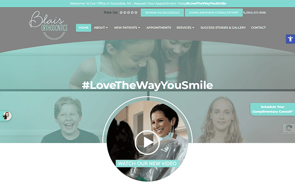 Screenshot of Blais Orthodontics website with "#LoveTheWayYouSmile" shown above a promotional video. The page offers information on new patients, appointments, services, success stories, and reviews.