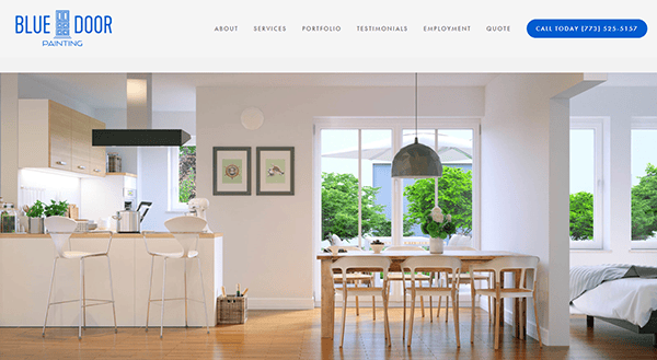 Screenshot of the Blue Door Painting website featuring a modern, bright kitchen and dining area with large windows and minimalist decor. The menu includes options like About, Services, and Portfolio.