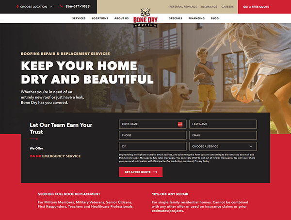 Screenshot of a roofing company's website offering repair and replacement services with a promo for a $500 discount for certain groups, a contact form, and a call-to-action for a free quote.