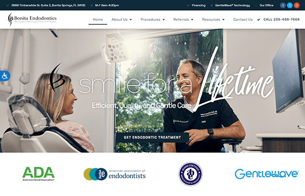 Dental professional interacting with a patient in a clinic. Text on the image includes "smile for a Lifetime," "Efficient, Quality and Gentle Care," and “GET ENDODONTIC TREATMENT.” Logos of dental associations are present.