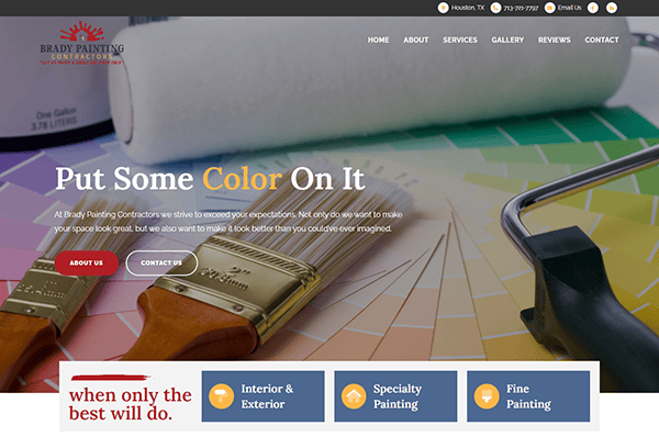 A website homepage for Brady Painting Contractors featuring a large paint roller and brushes on a color palette. The site offers services including interior & exterior, specialty painting, and fine painting.