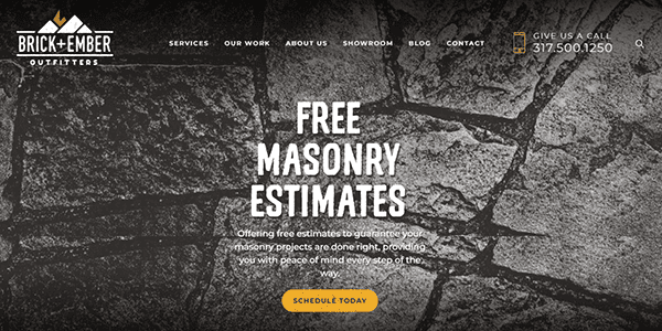 Image depicting a masonry services website. Features a cracked stone background with text: "Free Masonry Estimates" and a button reading "Schedule Today". Contact number 317.500.1250 is displayed at the top right.