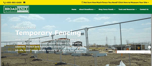 Broadfence website homepage showing temporary fencing solutions with images of fencing installations. The text highlights their focus on safety, simplicity, and security for construction sites and events.