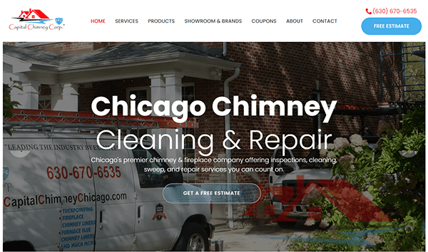 A brick building with a sign that reads "Chicago Chimney Cleaning & Repair." A van with company branding and contact details is parked in the foreground.