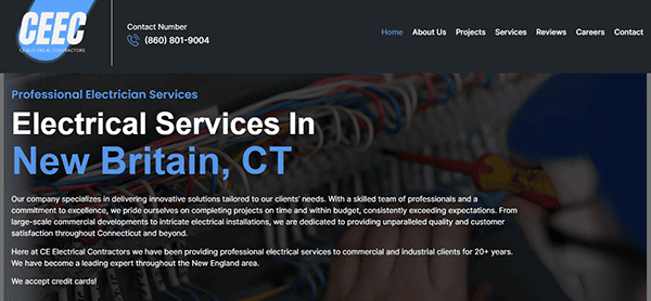 A website screenshot for CEEC, a professional electrician service in New Britain, CT, detailing their offerings and contact information.