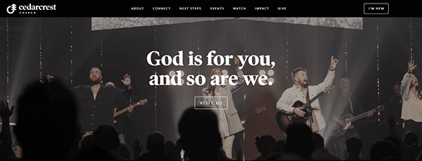 Worship team performing on stage with text overlay: "God is for you, and so are we." Cedarcrest website header.