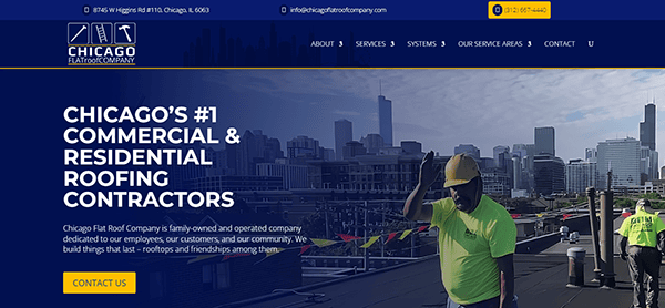 Screenshot of Chicago Flat Roof Company website showing a city skyline, a worker on a rooftop, and text promoting their commercial and residential roofing services. The navigation bar and contact info are visible.