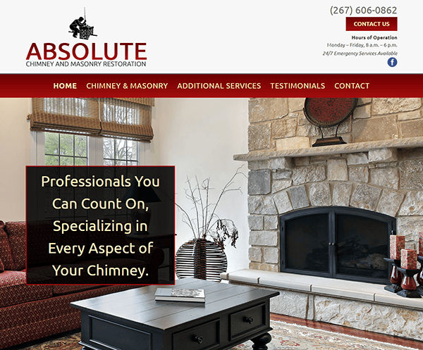 Website for Absolute Chimney and Masonry Restoration featuring navigation links, contact details, and an image of a living room with a stone fireplace. Text: "Professionals You Can Count On, Specializing in Every Aspect of Your Chimney.