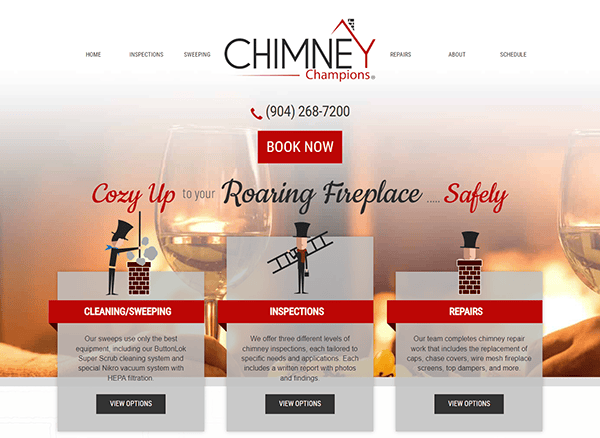 Website for Chimney Champions offering services including cleaning/sweeping, inspections, and repairs. Features contact number and "Book Now" button. Sections have illustrations and brief descriptions.