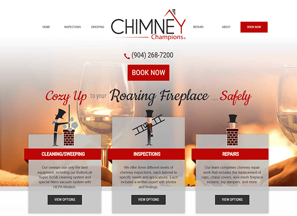 Welcome to the best chimney sweep service around. Our user-friendly website offers easy navigation with a prominent "Book Now" button and sections dedicated to cleaning, inspections, and repairs. Contact us today for exceptional service and keep your home safe and warm.