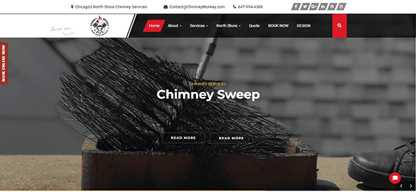 Website homepage for Chicago's North Shore Chimney Services, featuring a chimney sweep service with a close-up image of chimney cleaning tools. Contact details and navigation menu are visible at the top.