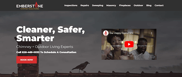 Screenshot of Emberstone Chimney Solutions homepage showing their slogan "Cleaner, Safer, Smarter" and a scheduled consultation contact number. There's a video titled "Our Happy Customers" on the right.