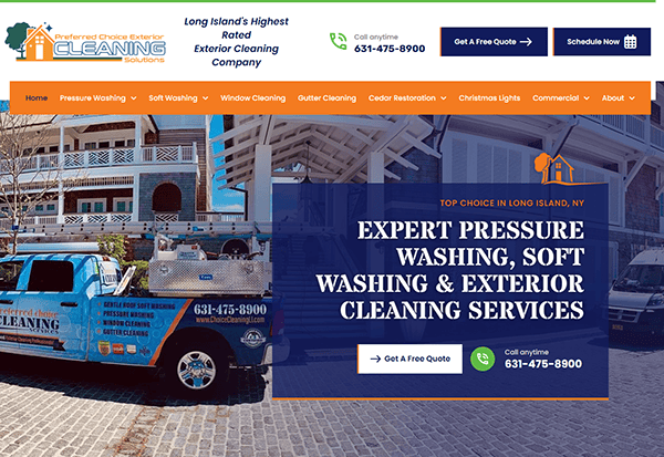 Screenshot of a website for "Preferred Choice Exterior Cleaning Solutions," showcasing a branded truck and offering pressure washing, gutter cleaning, and exterior maintenance services. It's among the best websites to explore for comprehensive solutions, complete with contact information.